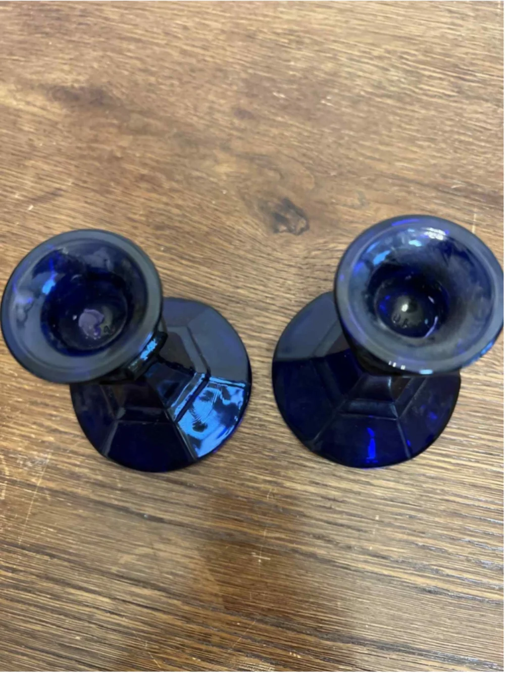 Vintage Cobalt Blue Glass Candlesticks Faceted Octagon Base 5.5” Pair Set Of 2